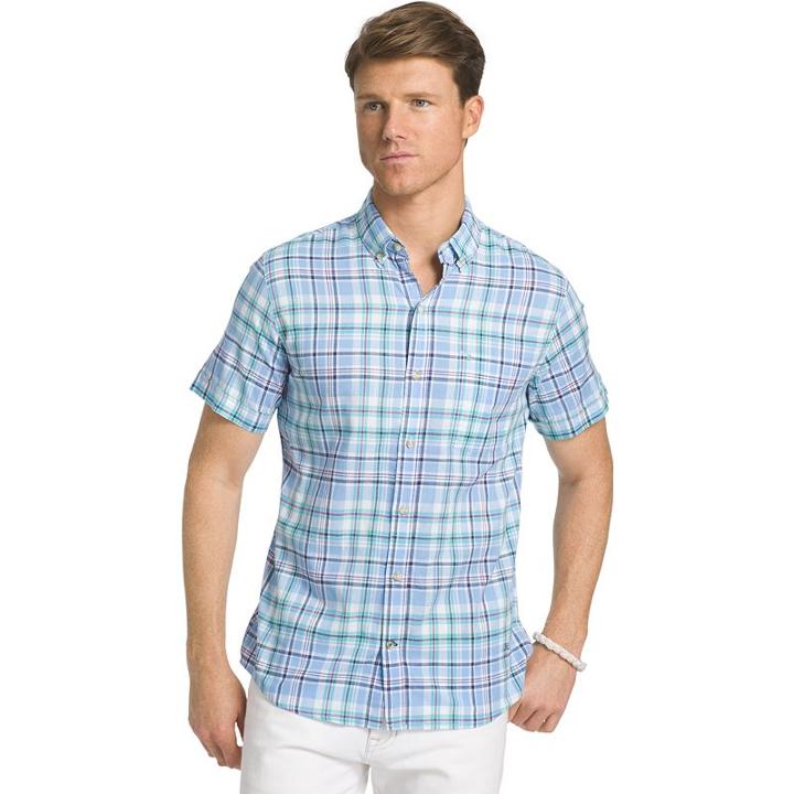 Men's Izod Dockside Classic-fit Plaid Chambray Woven Button-down Shirt, Size: Small, Brt Blue