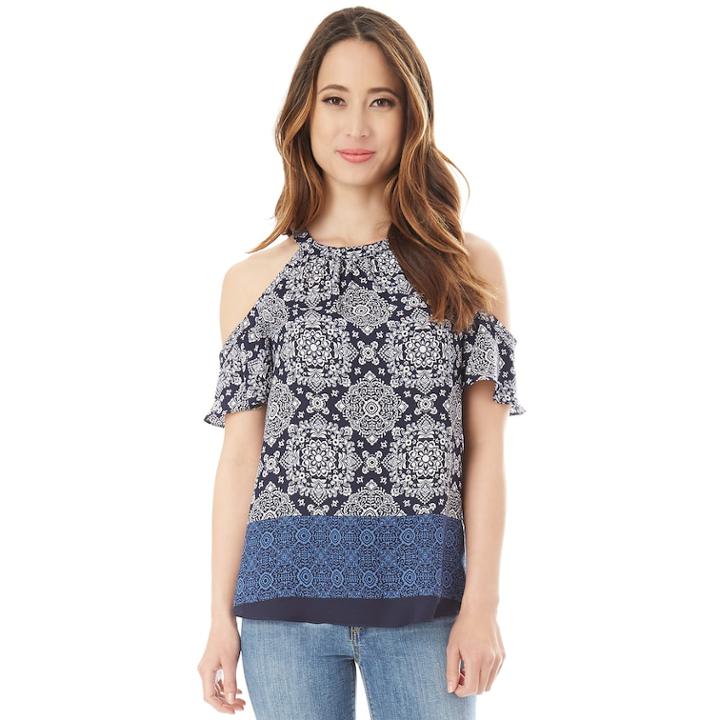 Juniors' Iz Byer Printed Ruffled Cold-shoulder Top, Teens, Size: Large, Navy Border