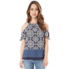 Juniors' Iz Byer Printed Ruffled Cold-shoulder Top, Teens, Size: Large, Navy Border