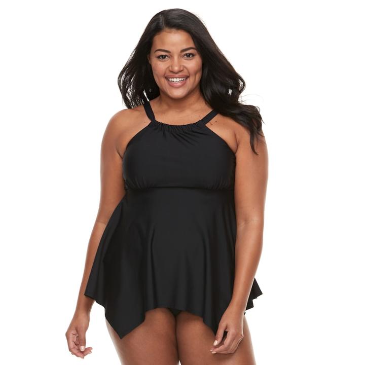 Plus Size Beach Scene Tummy Slimmer High-neck Tankini Top, Women's, Size: 18 W, Black