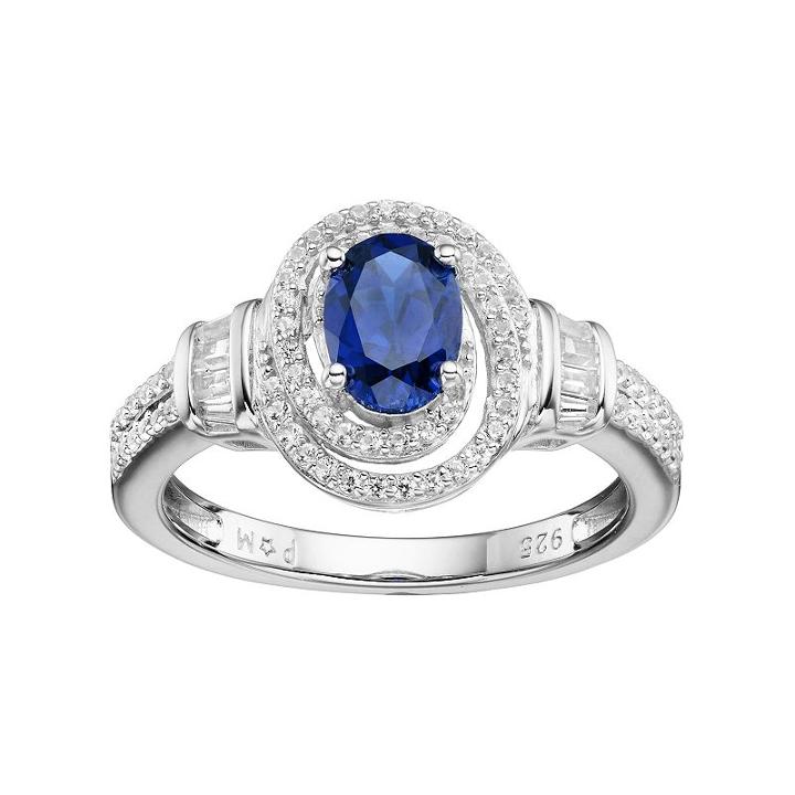 Sterling Silver Lab-created Blue & White Sapphire Tiered Oval Halo Ring, Women's, Size: 6