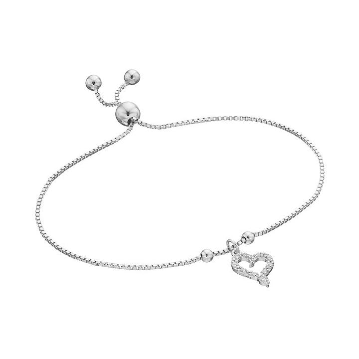 Sterling Silver 1/10 Carat T.w. Diamond Heart Charm Lariat Bracelet, Women's, White