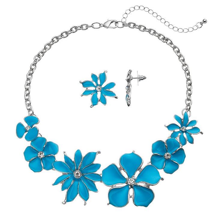 Aqua Flower Statement Necklace & Drop Earring Set, Women's, Turq/aqua