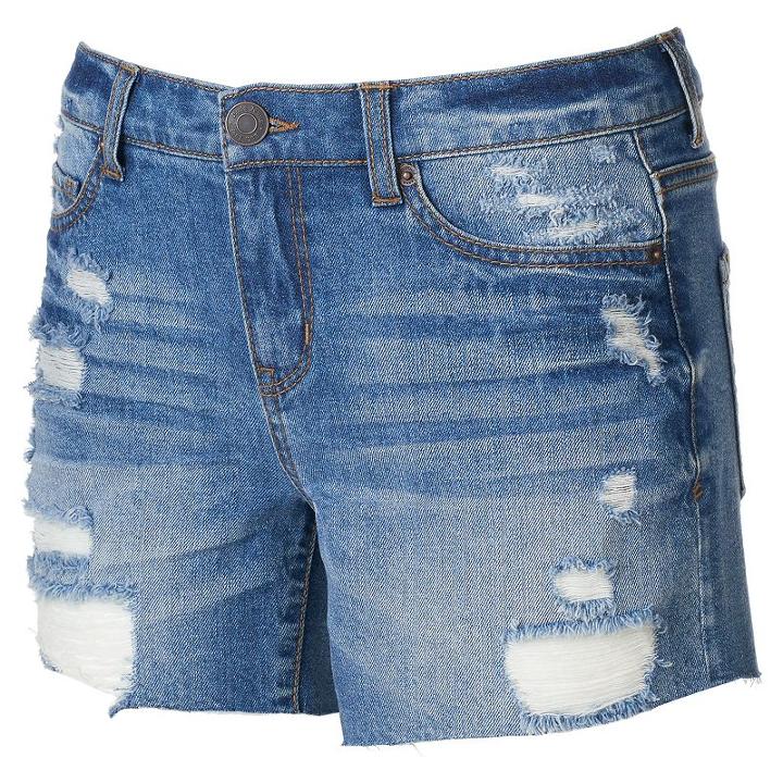 Juniors' Mudd&reg; Fray Hem Ripped Midi Shorts, Teens, Size: 5, Blue Other