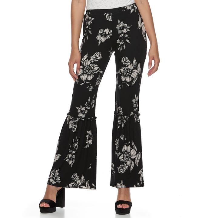 Juniors' About A Girl Ruffle Flared Soft Pants, Size: Medium, Black