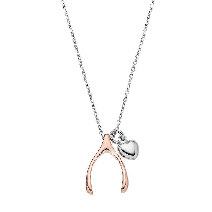 Two Tone Sterling Silver Wishbone & Heart Pendant Necklace, Women's, Size: 18, Grey