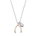 Two Tone Sterling Silver Wishbone & Heart Pendant Necklace, Women's, Size: 18, Grey