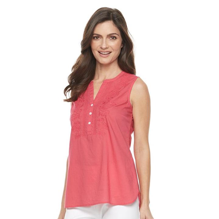Women's Croft & Barrow&reg; Embroidered Henley Tank, Size: Small, Brt Red