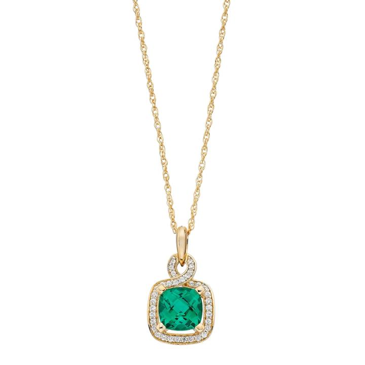 14k Gold Over Silver Lab-created Emerald & Lab-created White Sapphire Square Halo Pendant, Women's, Size: 18, Green