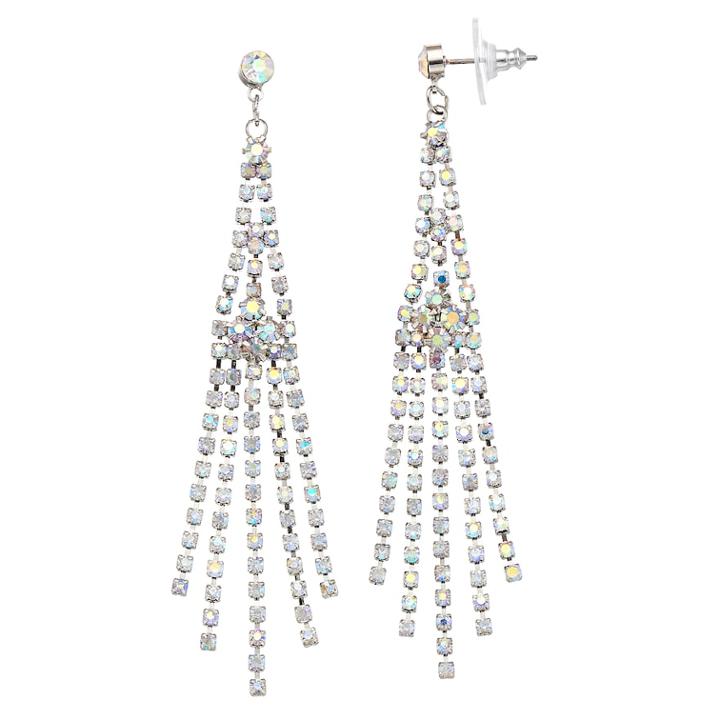 Simulated Crystal Long Fringe Drop Earrings, Women's, Silver