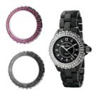 Peugeot Silver Tone And Black Ceramic Crystal Watch Set - Made With Swarovski Elements - Women, Women's
