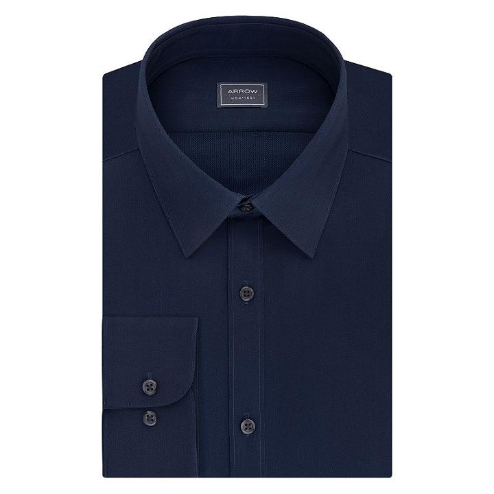 Men's Arrow Stretch Slim-fit Solid Point-collar Dress Shirt, Size: L-34/35, Dark Blue