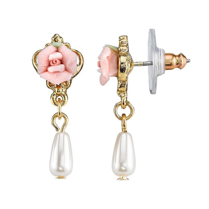 1928 Rose Simulated Pearl Drop Earrings, Women's, Pink