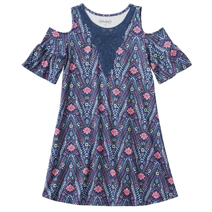Girls 7-16 Mudd&reg; Patterned Cold Shoulder Dress, Size: 7-8, Med Blue