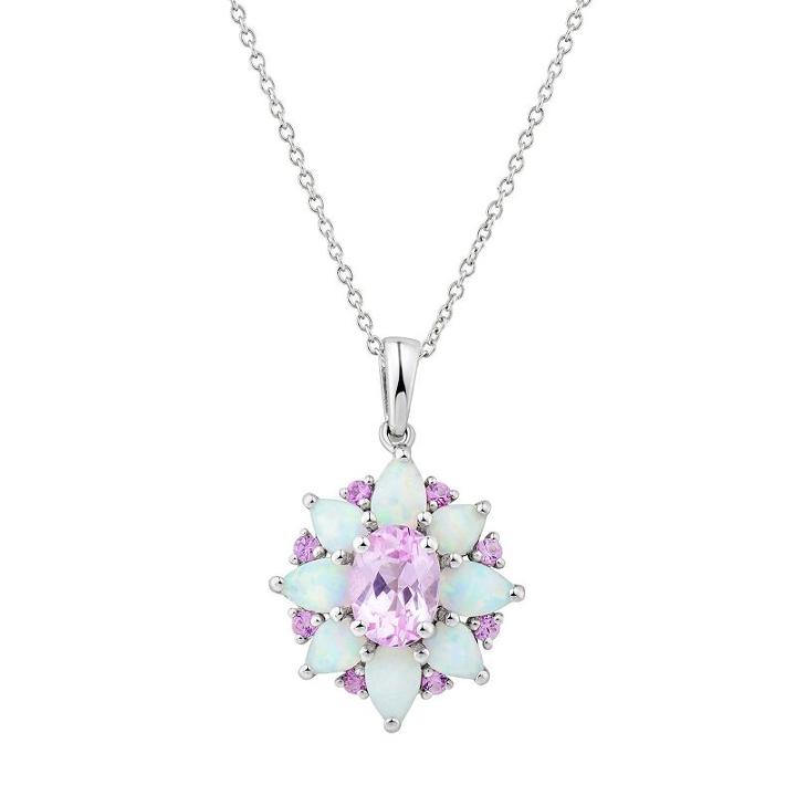 Sterling Silver Lab-created Pink Sapphire & White Opal Flower Pendant Necklace, Women's, Size: 18