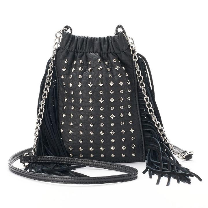 Mudd&reg; Long Fringe & Studded Crossbody Bag, Women's, Black