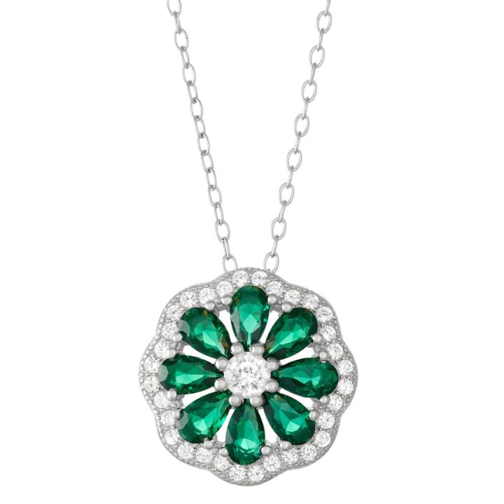 Sterling Silver Lab-created Green Spinel & White Sapphire Flower Pendant, Women's, Size: 18