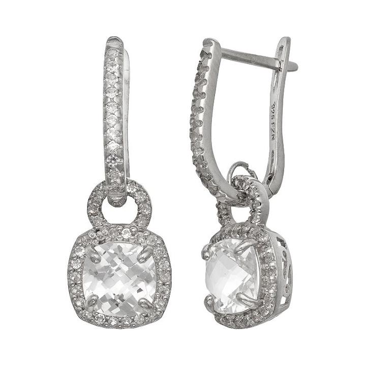 Sterling Silver Lab-created White Sapphire Square Halo Drop Earrings, Women's
