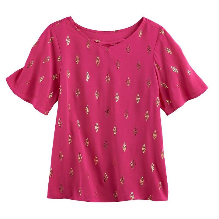 Girls 7-16 Mudd&reg; Flutter Sleeve Criss-cross Front Tee, Size: 14, Med Pink