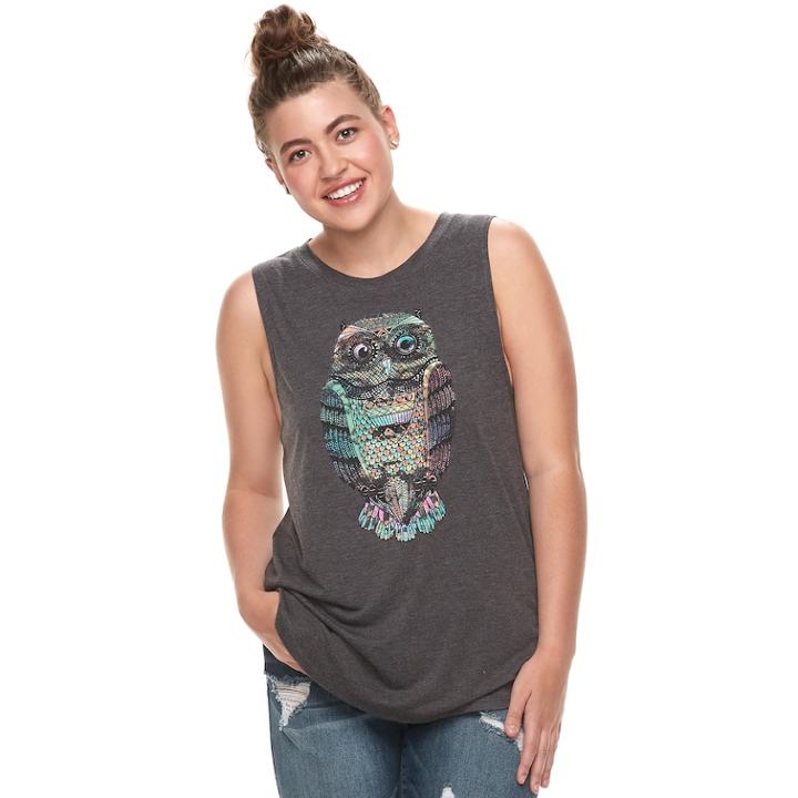 Juniors' Plus Size Festival Owl Graphic Tank, Teens, Size: 1xl, Grey (charcoal)