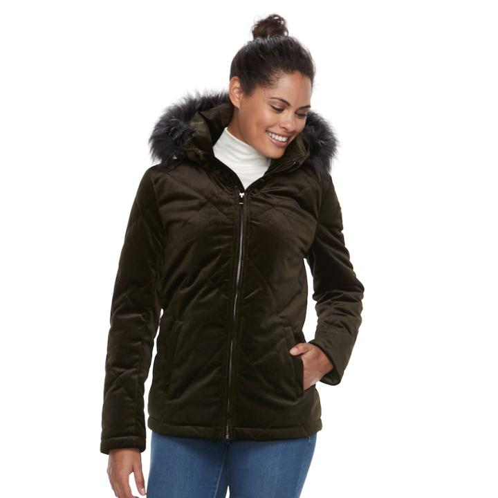 Women's Bnci Hooded Velvet Puffer Jacket, Size: Large, Med Green