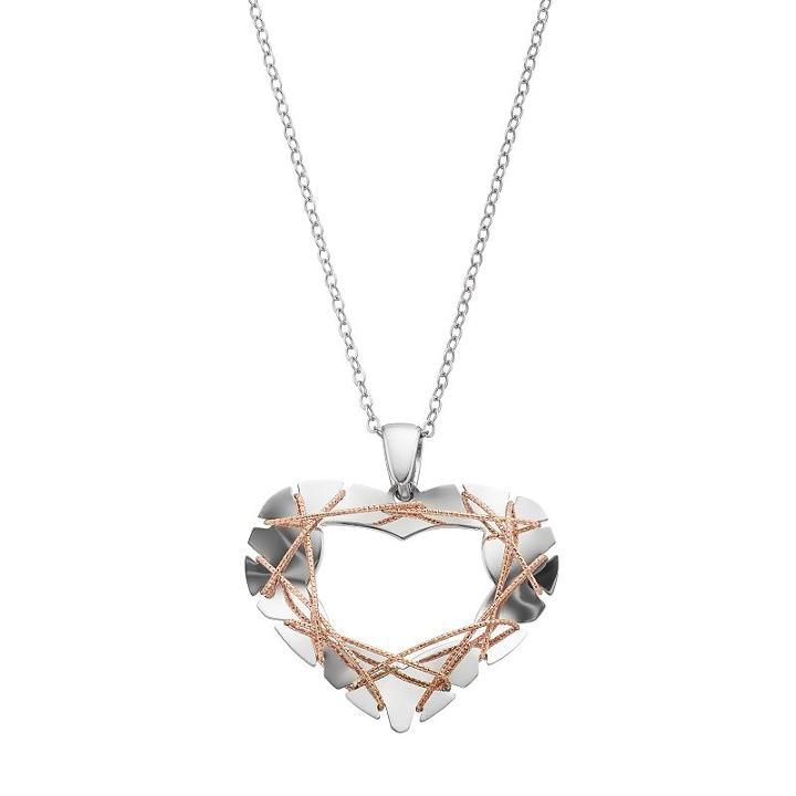 Two Tone Sterling Silver Wire Heart Pendant Necklace, Women's, Size: 18