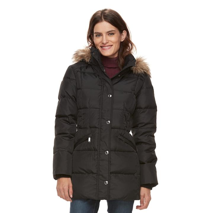 Women's Tower By London Fog Hooded Faux-fur Trim Puffer Jacket, Size: Medium, Black