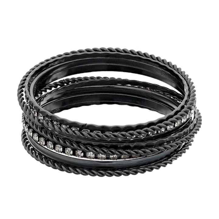 Hammered And Twist Simulated Crystal Bangle Bracelet Set, Women's, Black