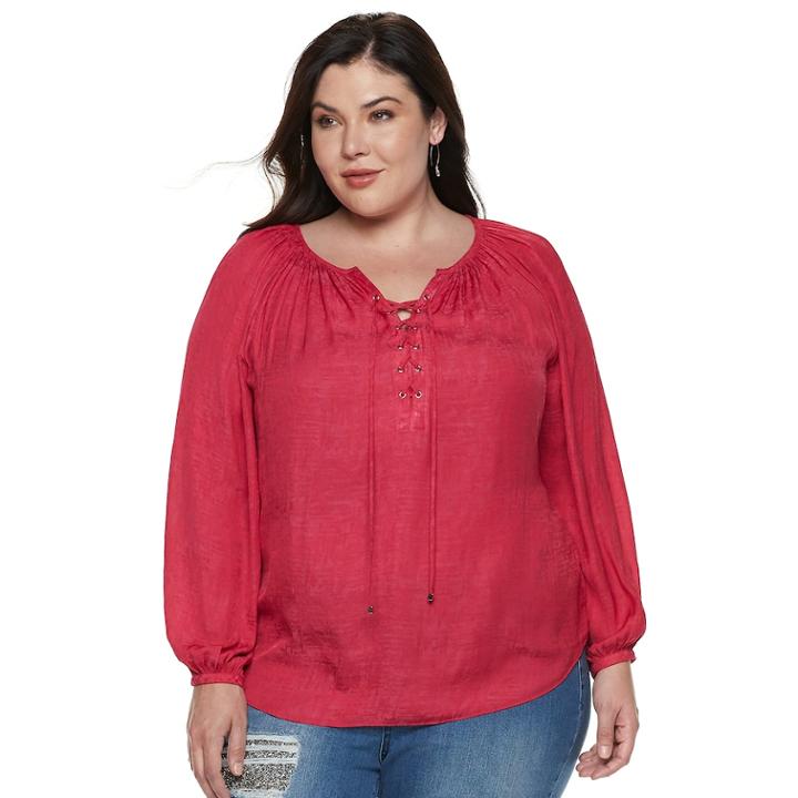 Plus Size Jennifer Lopez Lace-up Satin Peasant Top, Women's, Size: 2xl, Dark Pink