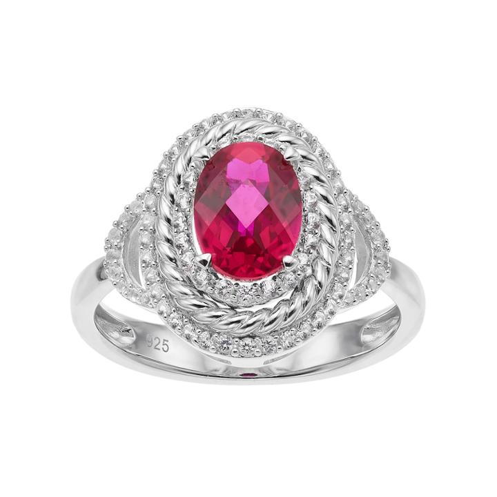 Sterling Silver Lab-created Ruby & White Sapphire Oval Halo Ring, Women's, Size: 7, Red