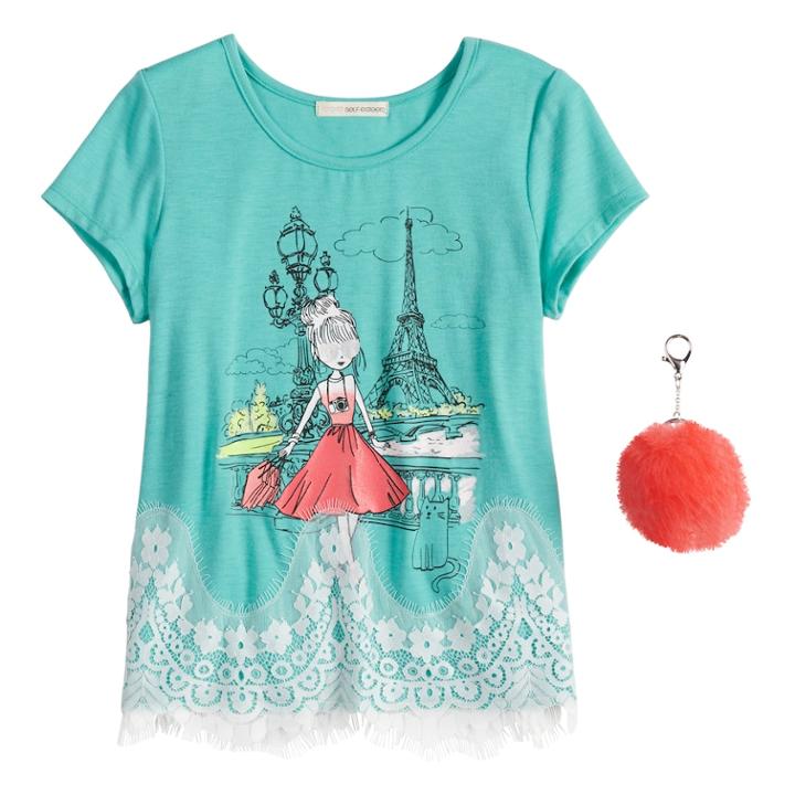 Plus Size Girls 7-16 Self Esteem Lace Trim Graphic Tee With Pom Keychain, Size: L Plus, Turquoise/blue (turq/aqua)