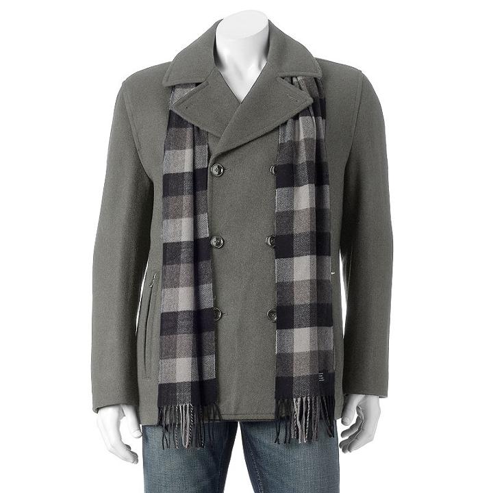 Men's Towne Wool-blend Double-breasted Peacoat With Plaid Scarf, Size: Xxl, Med Grey