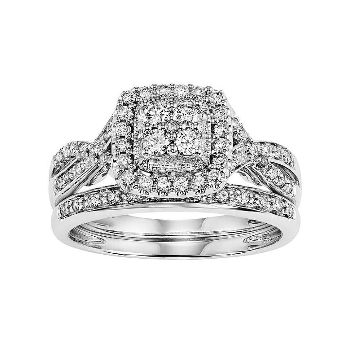 Simply Vera Vera Wang 14k White Gold 1/2 Carat T.w. Certified Diamond Square Halo Engagement Ring Set, Women's, Size: 5.50