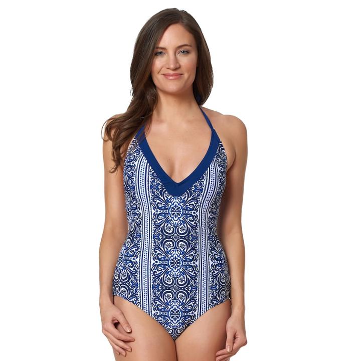 Women's Pink Envelope Medallion Strappy One-piece Swimsuit, Size: Small, Blue (navy)