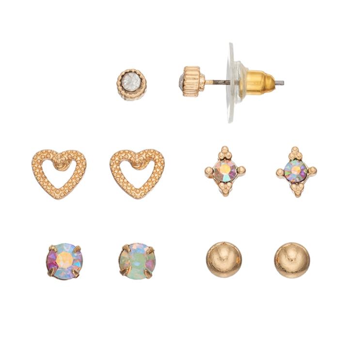 Lc Lauren Conrad Heart & Simulated Aurora Borealis Nickel Free Stud Earring Set, Women's, Gold