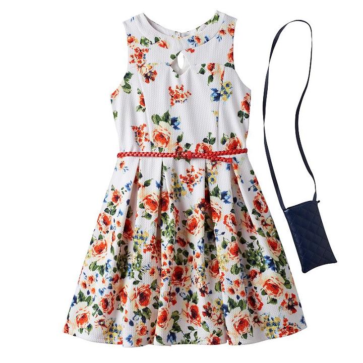 Girls 7-16 Knitworks Floral Patterned Textured Skater Dress & Crossbody Purse Set, Girl's, Size: 8, Lt Orange