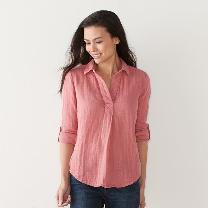 Petite Sonoma Goods For Life&trade; Textured Stripe Roll-tab Shirt, Women's, Size: M Petite, Light Red