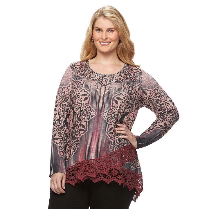 Plus Size World Unity Striped Lace-hem Top, Women's, Size: 1xl, Dark Grey