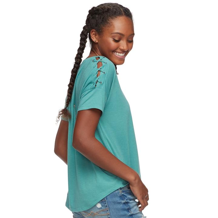 Juniors' So&reg; Lace-up Shoulder Tee, Teens, Size: Medium, Med Blue