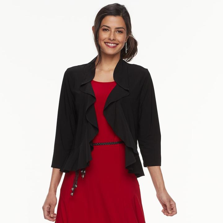 Women's Nina Leonard Lace-back Ruffle Cardigan, Size: Medium, Black