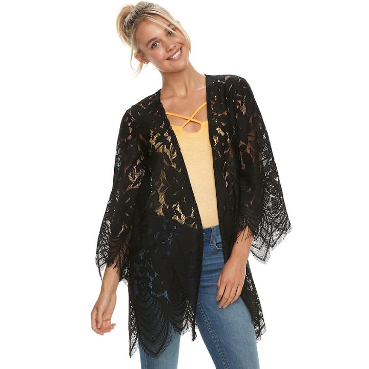 Juniors' Love, Fire Floral Lace-trim Kimono, Teens, Size: Medium, Black