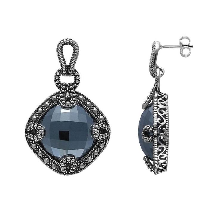 Lavish By Tjm Sterling Silver Hematite Openwork Drop Earrings - Made With Swarovski Marcasite, Women's, Grey