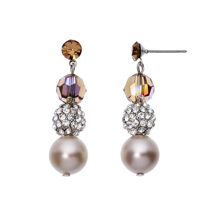 Crystal Avenue Silver-plated Crystal And Simulated Pearl Linear Drop Earrings - Made With Swarovski Crystals, Women's, Brown
