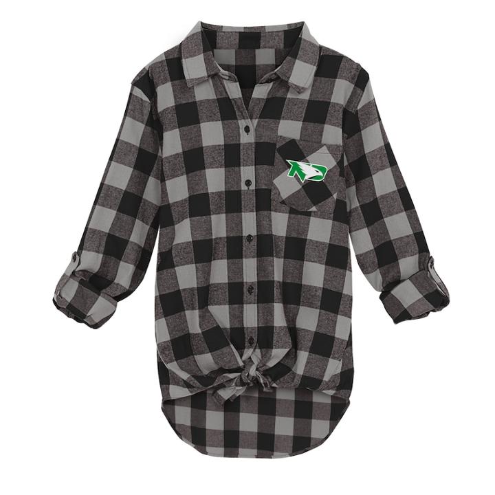 Juniors' North Dakota Fighting Hawks Spirit Week Tie-front Flannel Shirt, Teens, Size: Large, Black