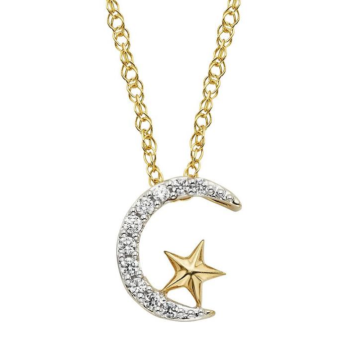 1/10 Carat T.w. Diamond 10k Gold Moon & Star Pendant Necklace, Women's, White