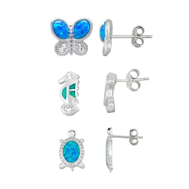 Sterling Silver Lab-created Blue Opal & Cubic Zirconia Stud Earring Set, Women's