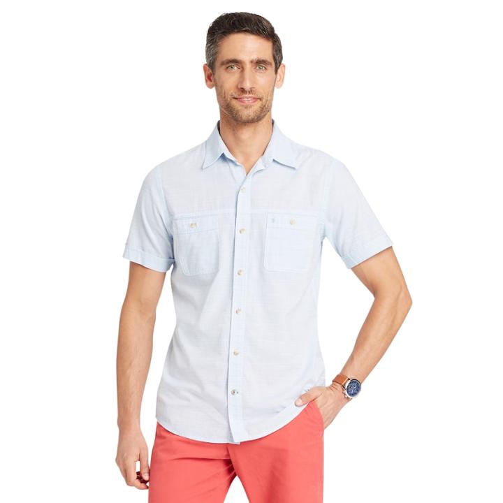 Men's Izod Classic-fit Slubbed Chambray Woven Button-down Shirt, Size: Large, Blue