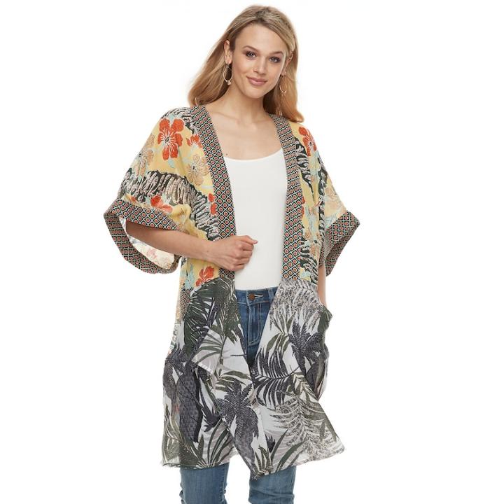 Women's Caribbean Summer Mixed Print Drape Front Kimono, Warm