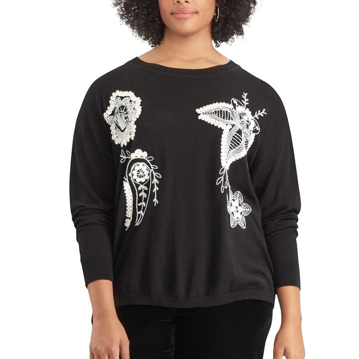 Plus Size Chaps Floral Embroidered Crewneck Sweater, Women's, Size: 1xl, Black
