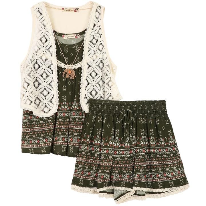 Girls 7-16 Speechless Crochet Vest, Printed Tank Top & Shorts Set With Necklace, Size: Medium, Orange Oth